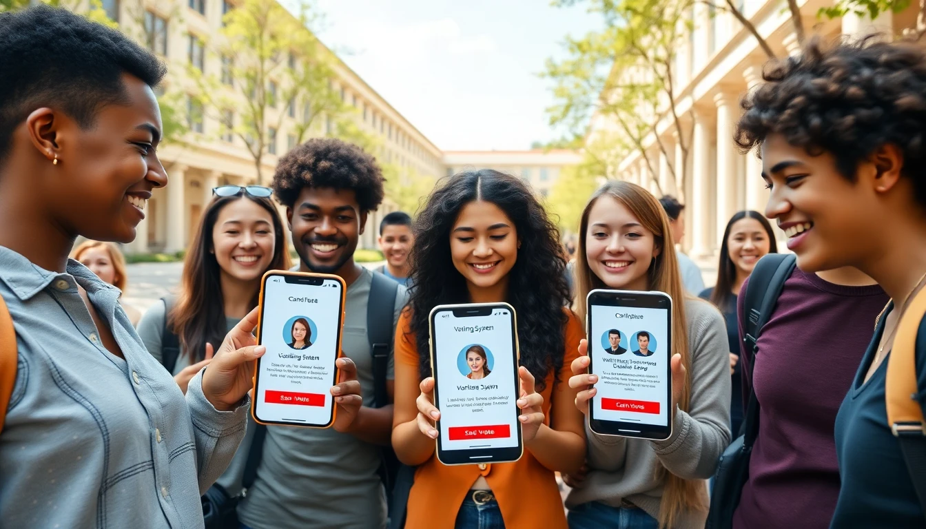 Students voting on their smartphones on campus