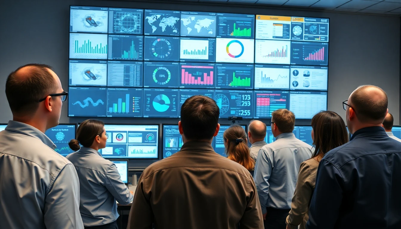 Administrators observing a large dashboard of campus data